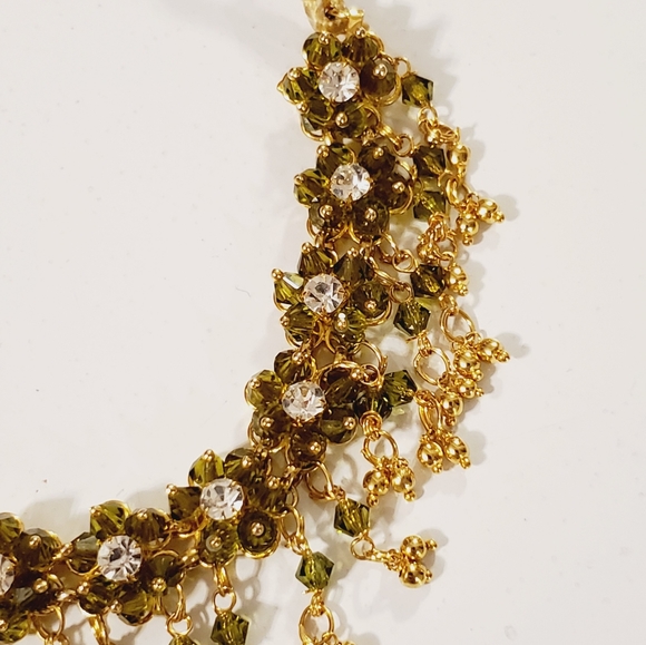 Vintage Asian peridot crystal flower adjustable silk tassel necklace flower 60's - Picture 5 of 16